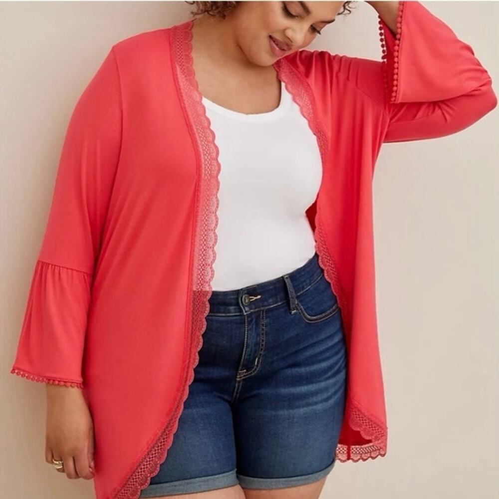 Torrid Super Soft Cardigan Lace Trim Ruffle Bell Sleeve Pink Y2K Size 3X